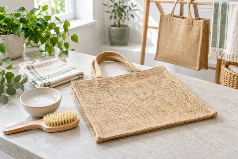 Túi vải đay cùng bàn chải mềm và dung dịch làm sạch dịu nhẹ