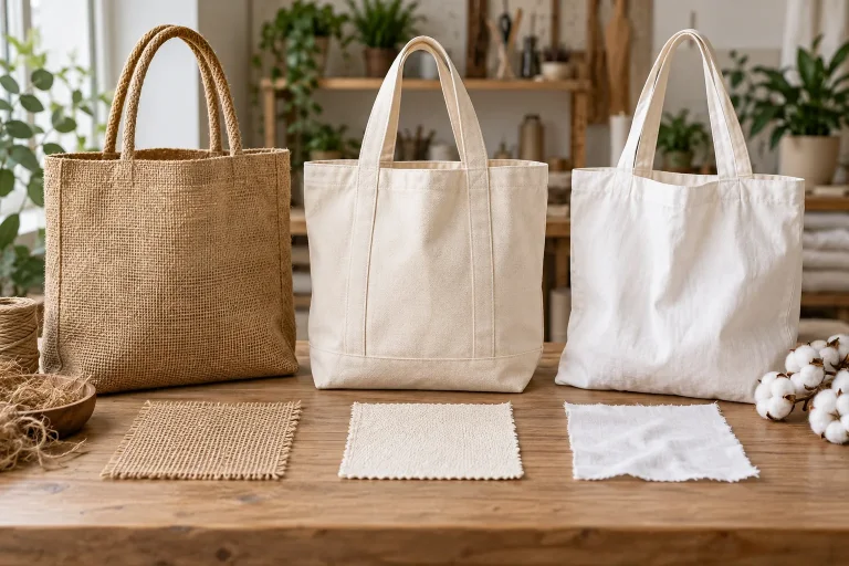 Ba mẫu túi và mẫu vải đay canvas cotton đặt cạnh nhau