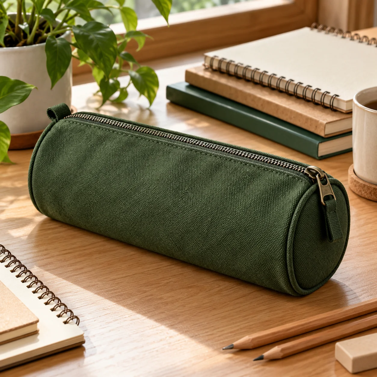 Hộp Bút Canvas Màu Xanh Rêu Cho Sinh Viên