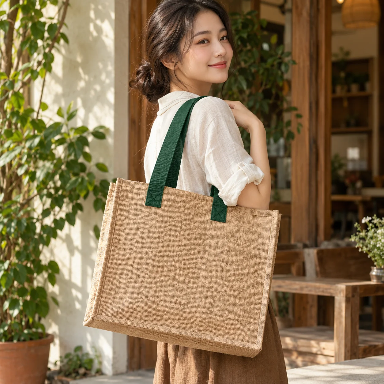 Túi Đay Dáng Đứng Quai Cotton Màu Xanh