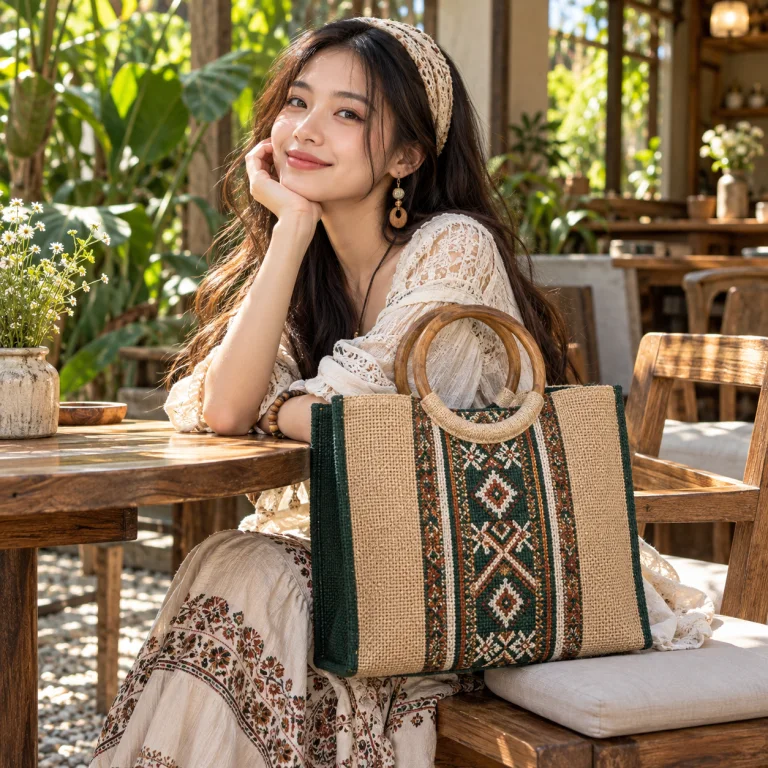 Túi Đay Thổ Cẩm Quai Gỗ Phong Cách Boho