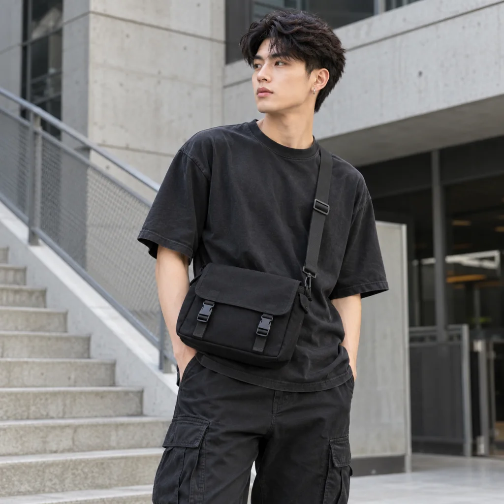 Túi Đeo Chéo Canvas Đen Phong Cách Streetwear