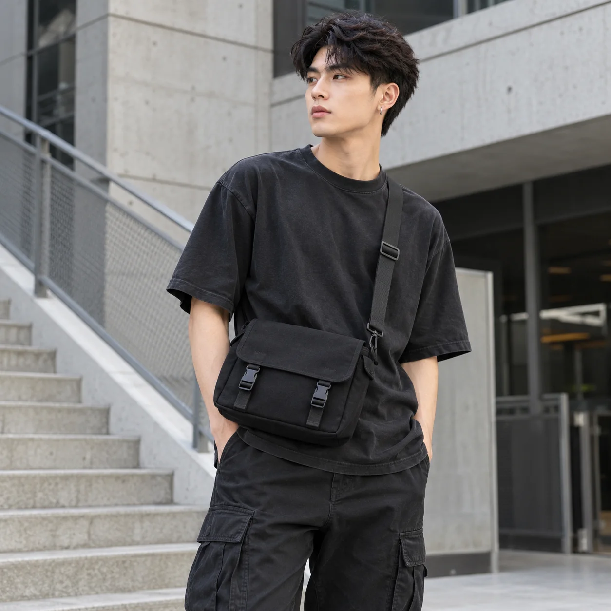 Túi Đeo Chéo Canvas Đen Phong Cách Streetwear