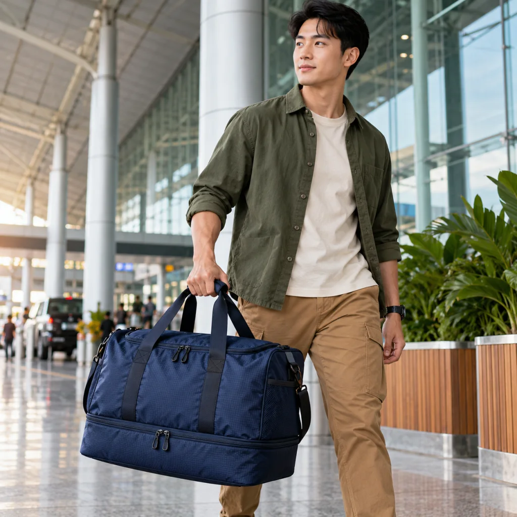 Túi Du Lịch Vải Dù Xanh Navy Có Ngăn Giày
