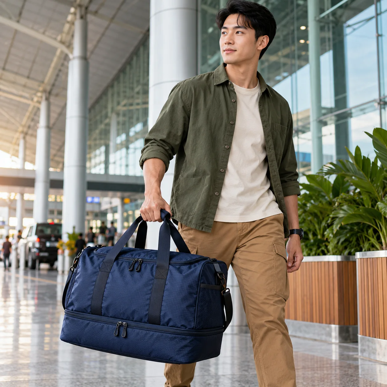 Túi Du Lịch Vải Dù Xanh Navy Có Ngăn Giày