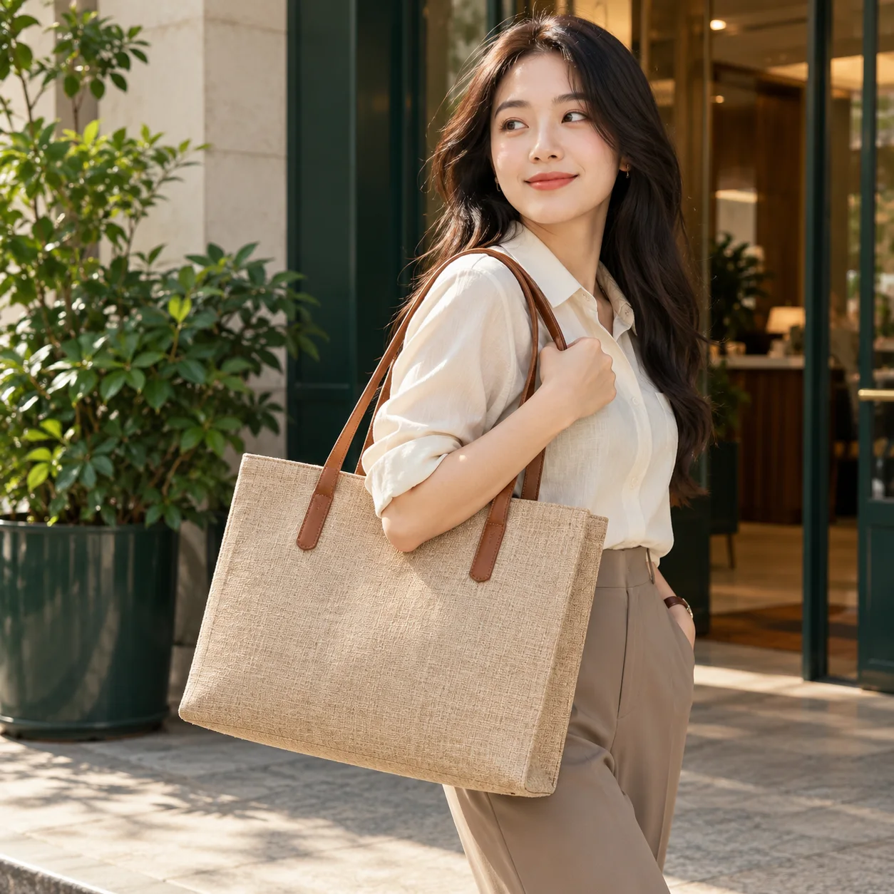 Túi Linen Quai Da Nâu Đi Làm Thanh Lịch