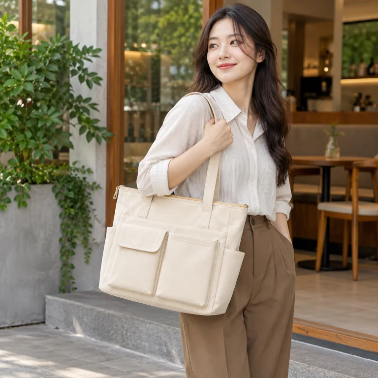 Túi Tote Canvas Khóa Kéo Nhiều Ngăn