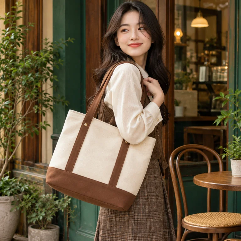 Túi Tote Canvas Phối Nâu Phong Cách Vintage
