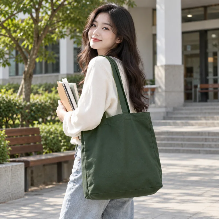 Túi Tote Canvas Xanh Rêu Quai Dài Đi Học