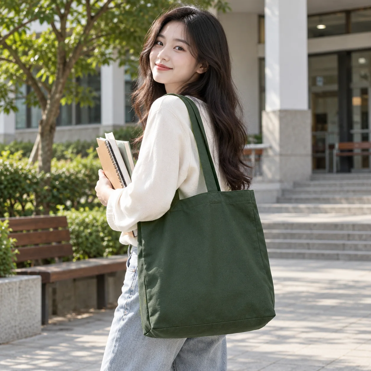 Túi Tote Canvas Xanh Rêu Quai Dài Đi Học
