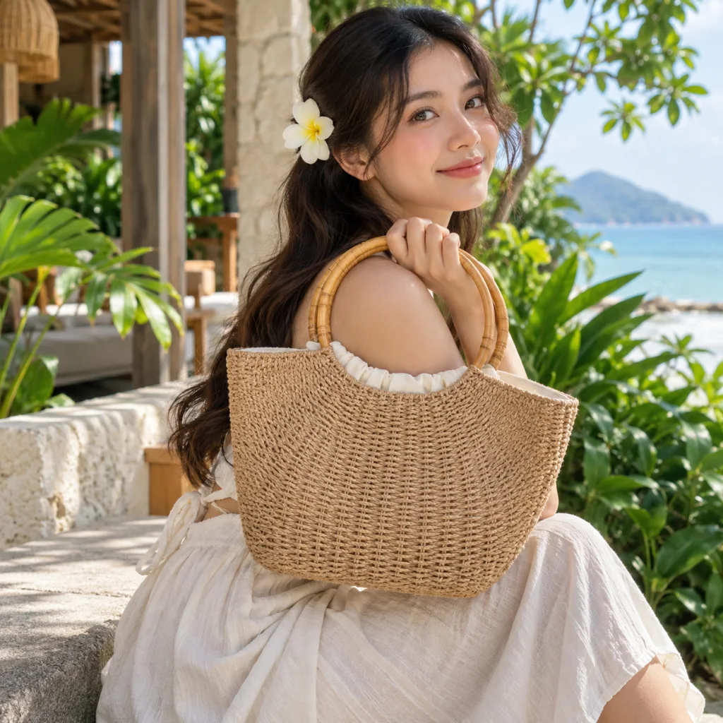 Túi Xách Vải Đay Quai Tròn Phong Cách Resort