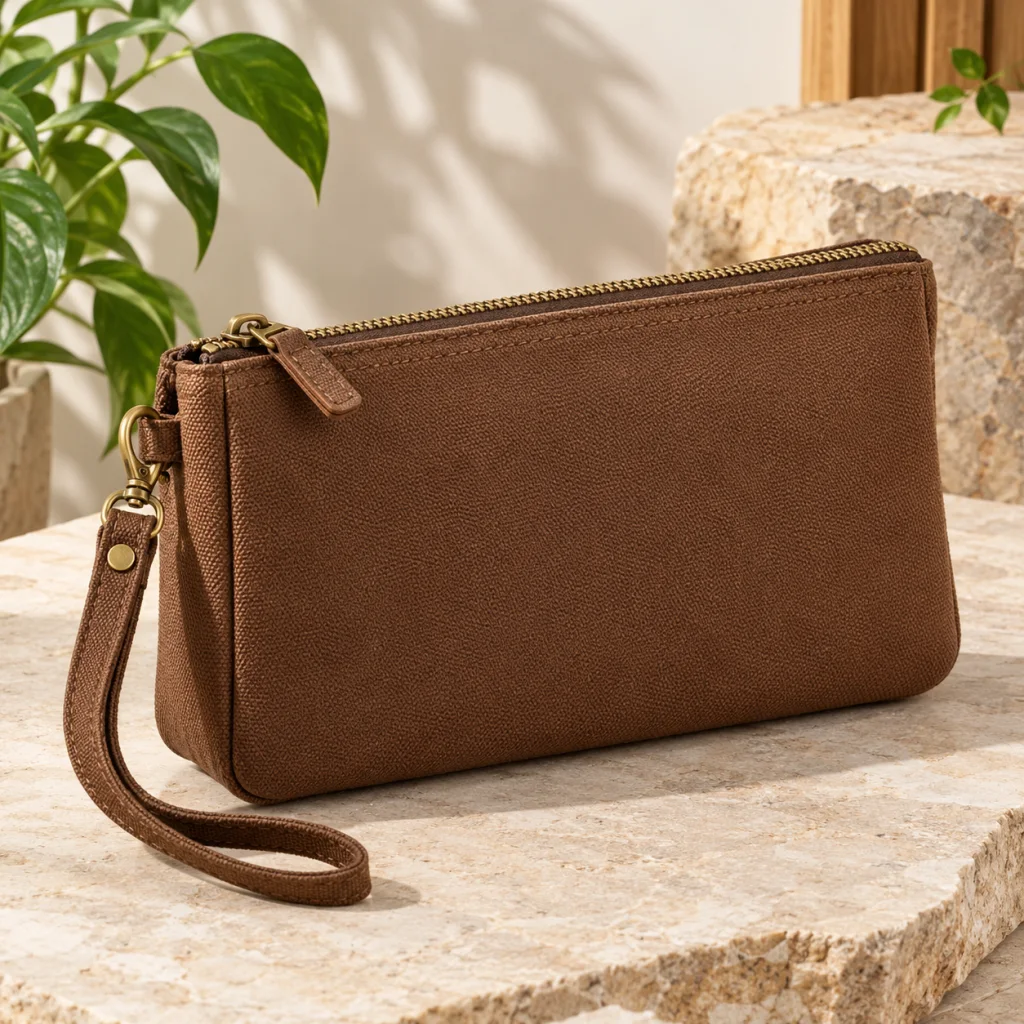 Ví Cầm Tay Canvas Màu Nâu Khóa Kéo
