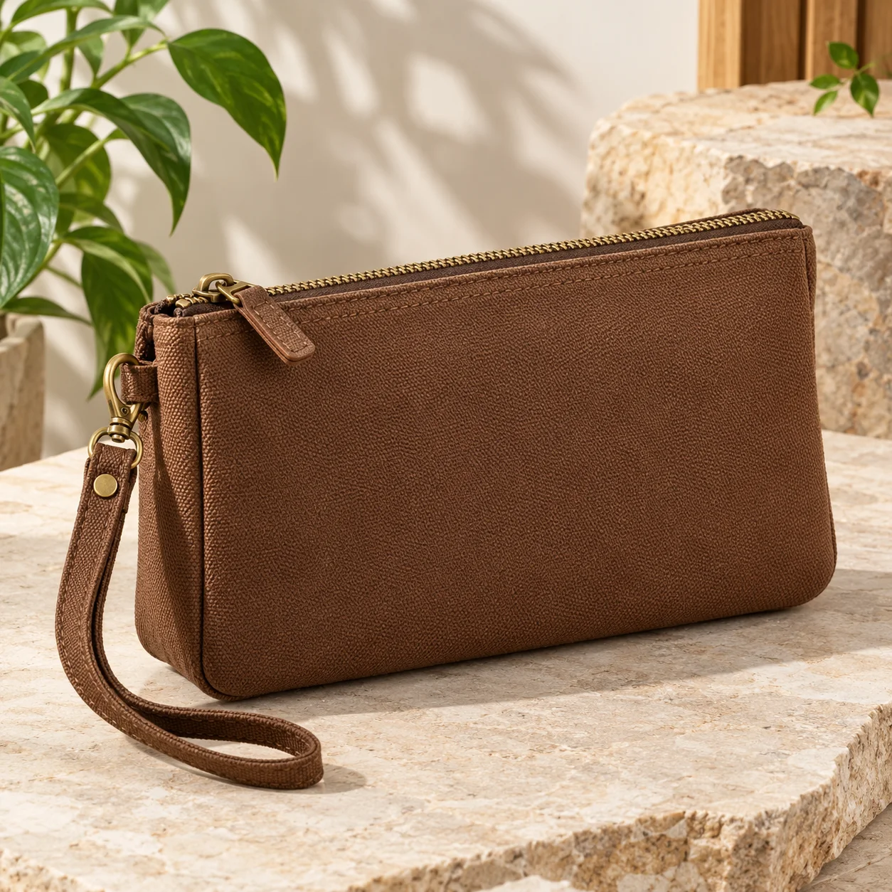 Ví Cầm Tay Canvas Màu Nâu Khóa Kéo